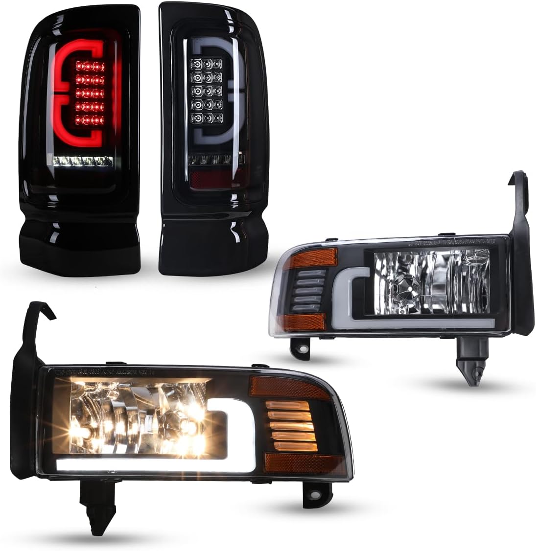 Headlights and LED Tail Lights for 1994-2001 Dodge Ram 1500/1994-2002 Dodge Ram 2500 3500/1995-2002 Dodge Ram 4000, 1 Pair Tail Lights +1 Pair Headlights Assembly Set