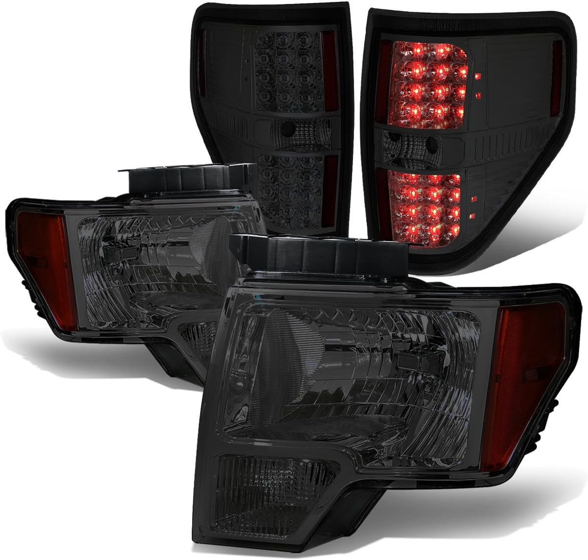 Compatible with 09-14 Ford F150 Pair Smoked Housing Amber Corner Headlight+Full LED Tail Lamp