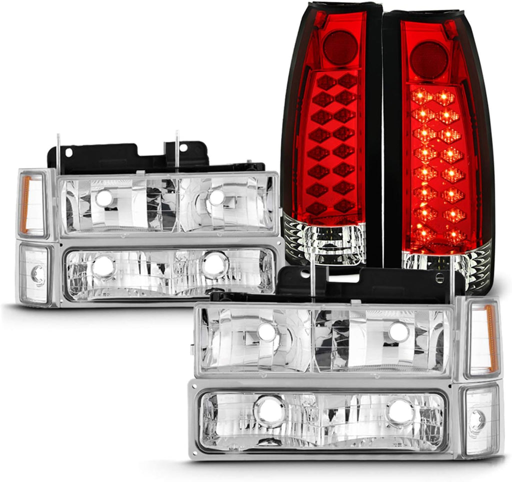 Fits 1994-1998 C/K 1500 2500 3500 Tahoe Suburban Chrome Headlights + Corner + Signal Lamp + LED Red Tail Lights Pair