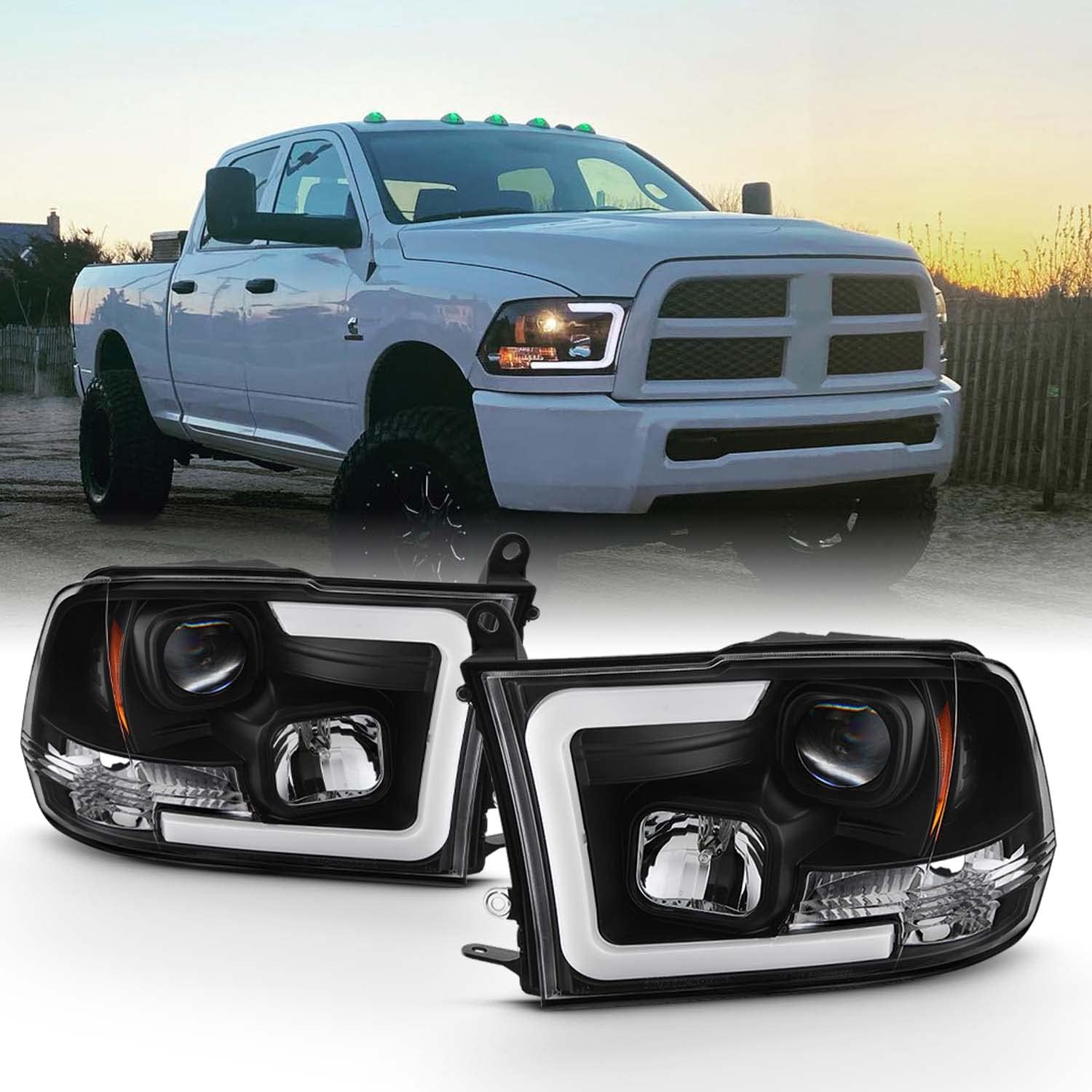 For 2009-2018 Dodge Ram 1500 2500 3500 Truck LED Tube Black jector Headlights Left+Right Replacement