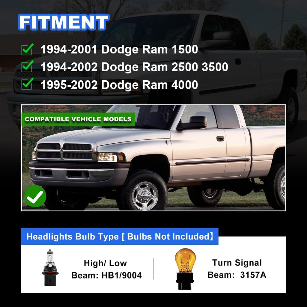 Headlights and LED Tail Lights for 1994-2001 Dodge Ram 1500/1994-2002 Dodge Ram 2500 3500/1995-2002 Dodge Ram 4000, 1 Pair Tail Lights +1 Pair Headlights Assembly Set