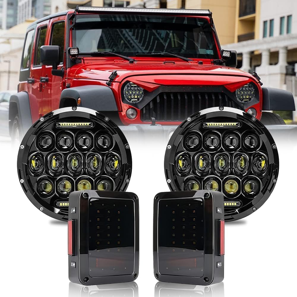 Upgraded NEW 2000% Bright Jeep wrangler headlights（Black）+JK Tail Lights (Smoke) LED lights for Jeep Wrangler JK/TJ/LJ 1997-2020(headlights), Jeep Wrangler JK JKU 2007-2018(taillights)