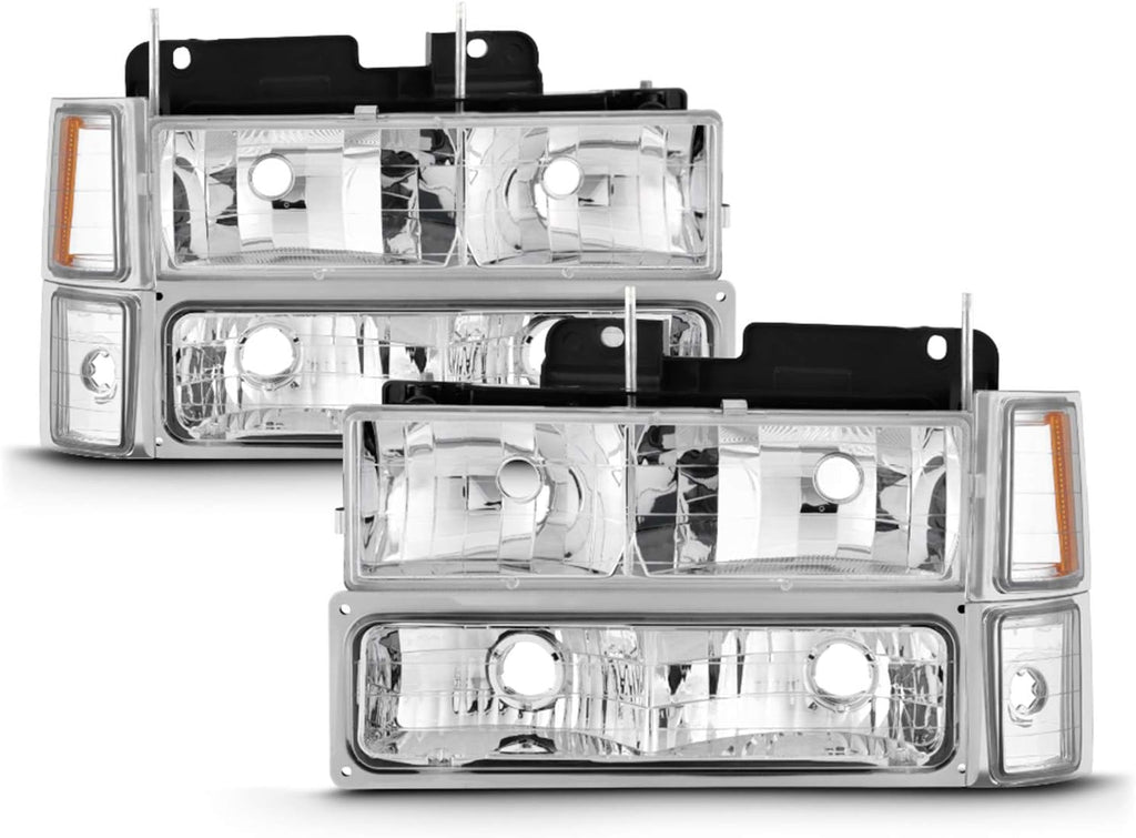 Fits 1994-1998 C/K 1500 2500 3500 Tahoe Suburban Chrome Headlights + Corner + Signal Lamp + LED Red Tail Lights Pair